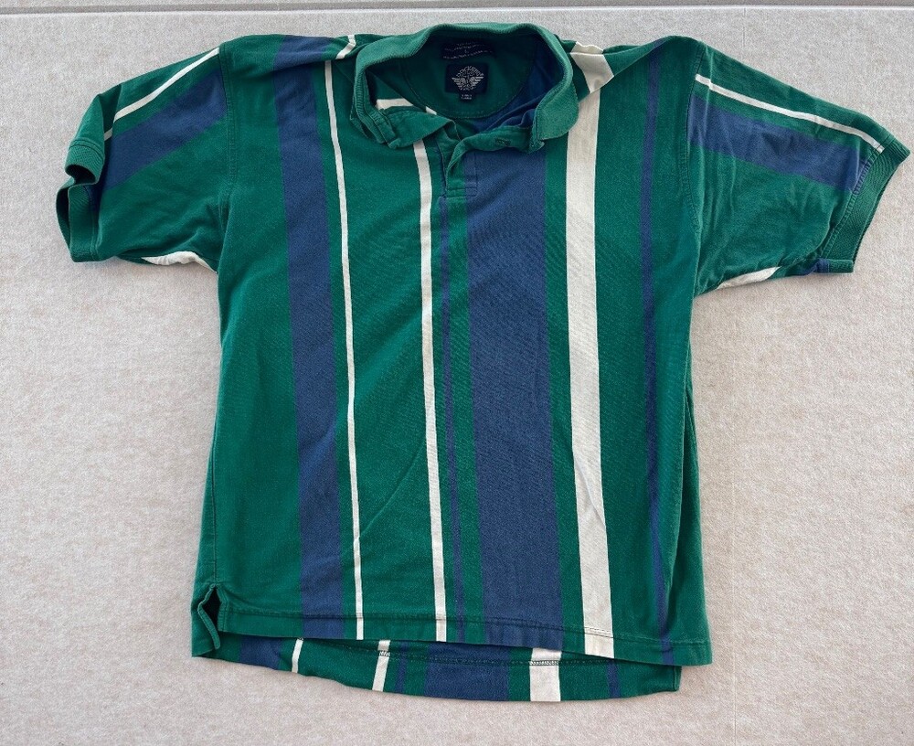 Dockers Mens L Polo Shirt Green Navy White Vertical Stripe 100% Cotton Preppy